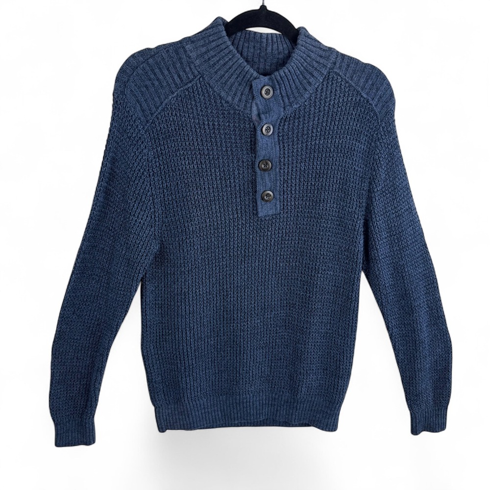 Alesbury Mens Blue Waffle Knit Button Mock Neck Cotton Pullover Sweater Medium